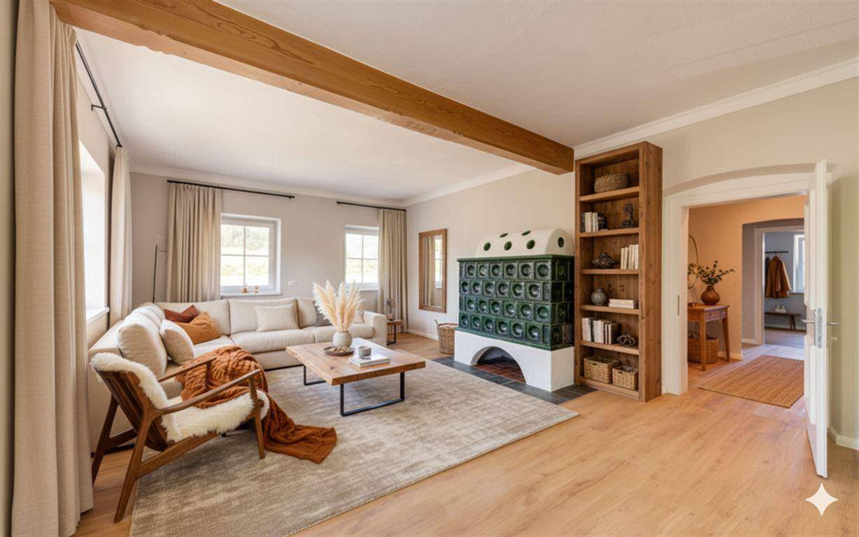 Wohnung 2 – Wohnzimmer mit Kachelofen, Einrichtungsvorschlag